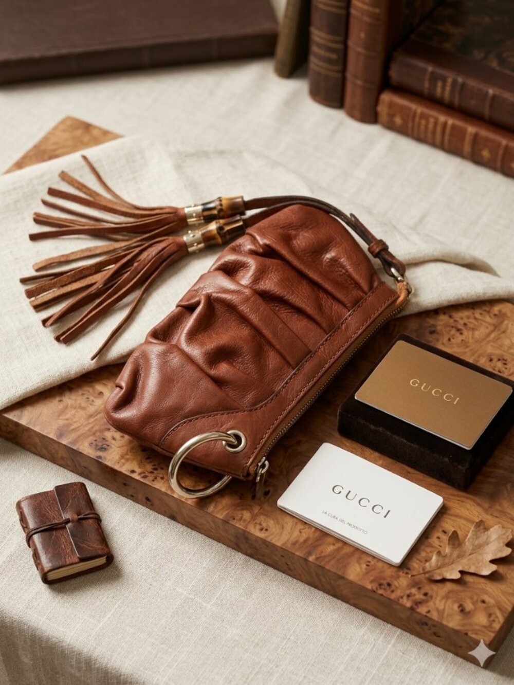 Vintage Rare Gucci Brown Leather Tassel Wristlet Clutch NWOT